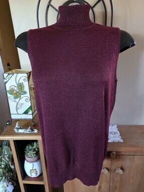 Joseph A. Sleeveless Burgundy Plum Metallic Glitter Turtleneck Sweater Size L